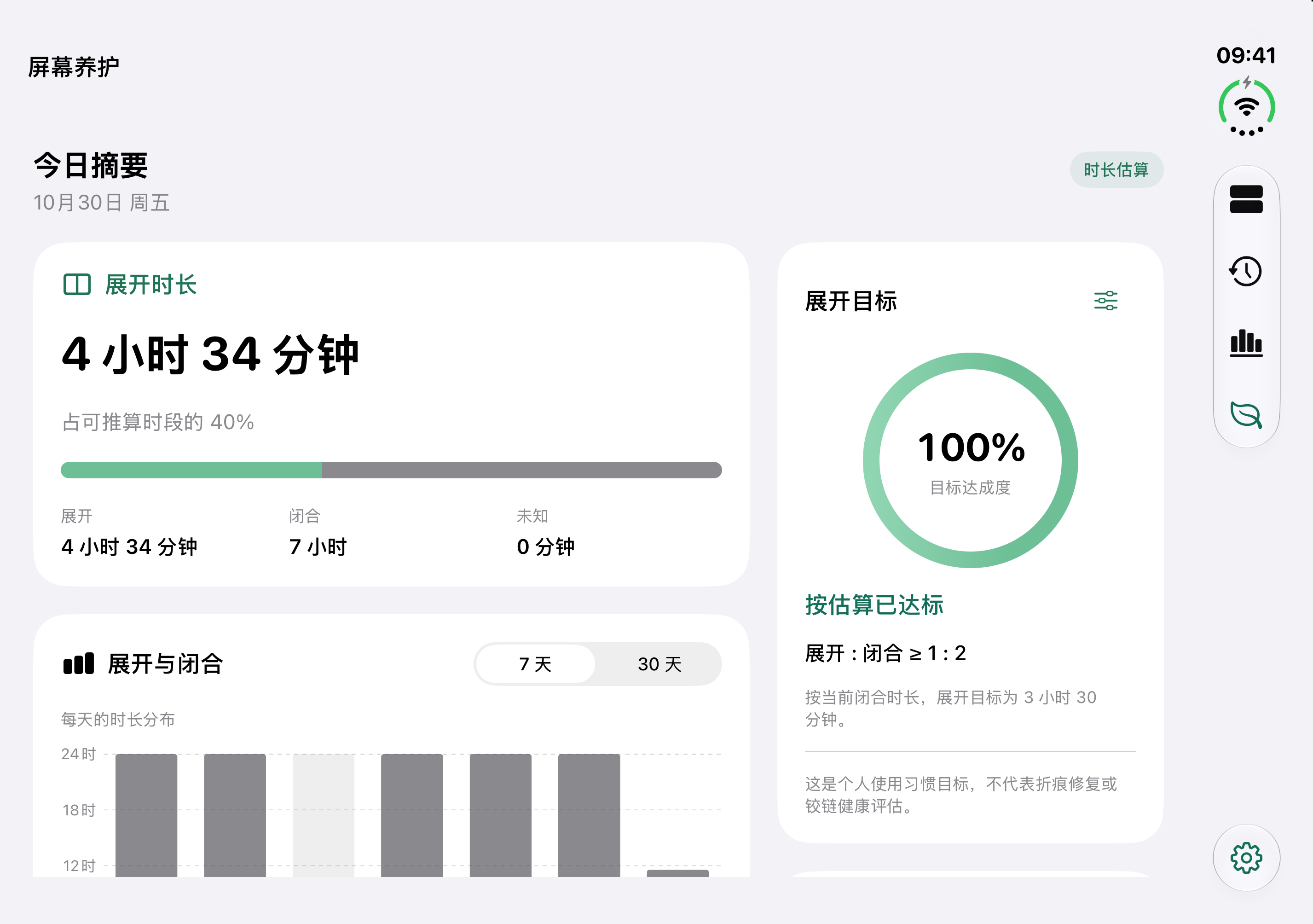 FoldLens 养护页：展开与闭合估算时长、近 7 天分布和个人展开目标。模拟器演示数据。