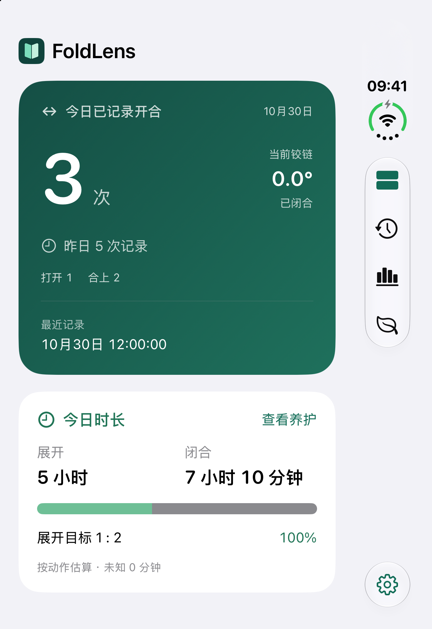 FoldLens 总览：今日开合次数、展开与闭合估算时长，以及个人目标进度。模拟器演示数据，非真机测量。